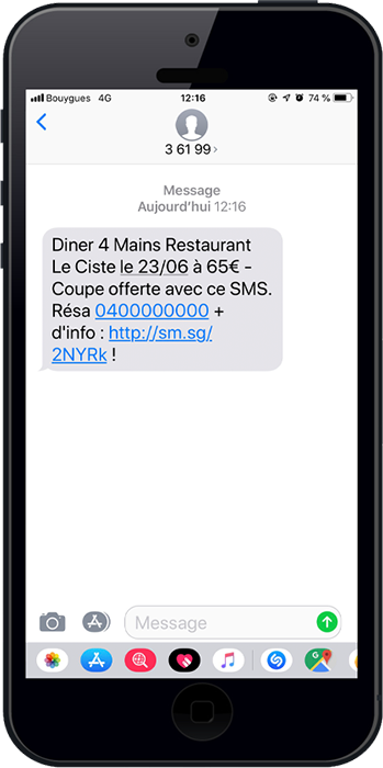 Un exemple de sms de campagnes sms pour promouvoir des événements envoyé par le Château de la Bégude avec la plateforme SMSFactor