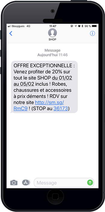 Exemple d'un sms pro avec une offre et un lien insÃ©rÃ© dedans envoyÃ© aux prospects