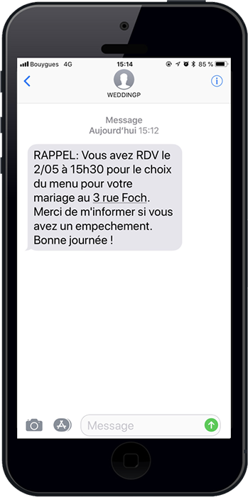 Un exemple de rappel de RDV envoyé par le wedding planner aux futurs mariés pour qu'ils n'oublient pas leur RDV