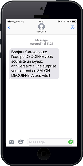 Exemple d'un sms d'anniversaire envoyé à un client d'un salon de coiffure