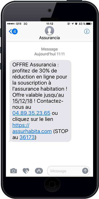 Exemple d'un sms marketing envoyé par une assurance pour promouvoir une offre pertinente