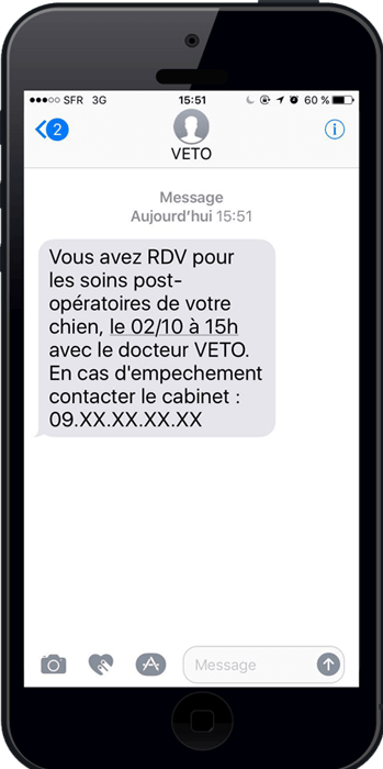 Le rappel de RDV par SMS permet aux propriétaires de ne plus oublier le RDV pour leurs animaux de compagnie