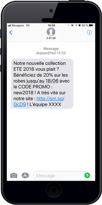 Exemple d'un deuxième sms envoyé aux cliqueurs d'un lien court pour les inciter à l'achat