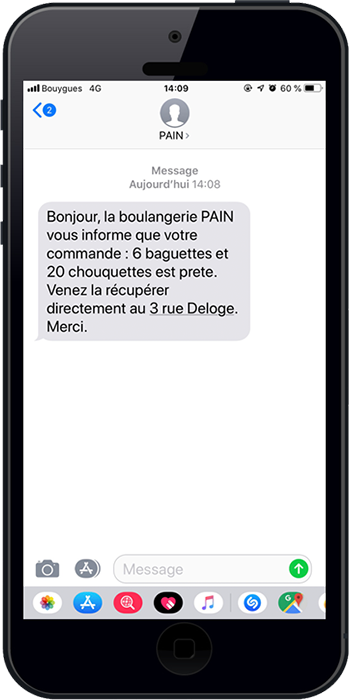 Exemple d'un sms de notification pour boulangerie envoyé pour prévenir qu'une commande client est prête