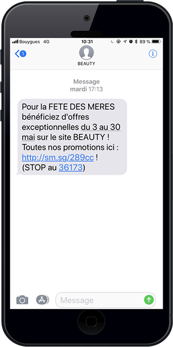Exemple de sms marketing envoyé pour la fête des mères afin d'attirer des clients
