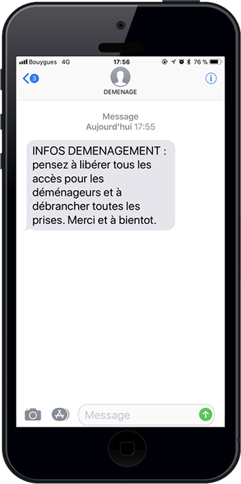 Exemple d'un sms de notification pour déménageur pour informer les clients des dispositions nécessaires avant le déménagement