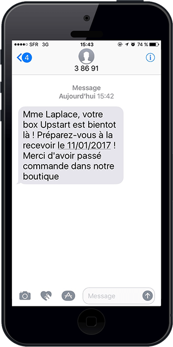 Exemple d'un sms alerte envoyé par une startup pour informer un client
