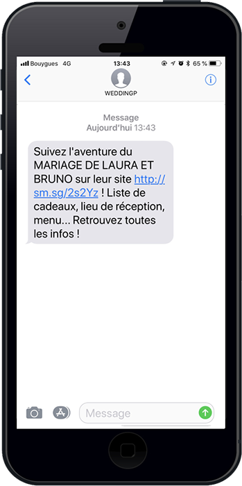 Exemple d'un sms avec un lien court insÃ©rÃ© dans le corps du sms pour mariÃ©s