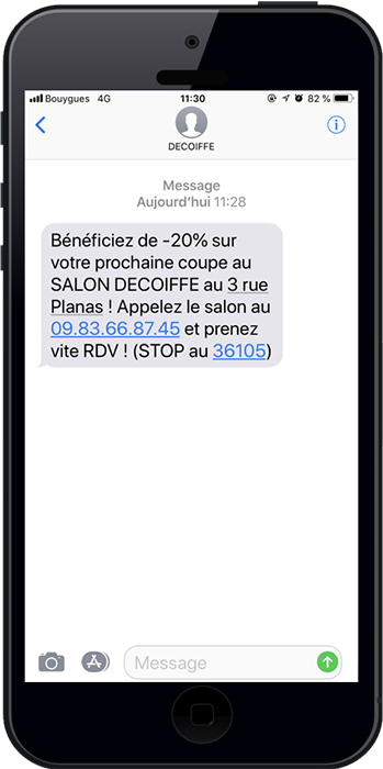 Exemple d'un sms promotionnel envoyé par un salon de coiffure pour promouvoir ses offres