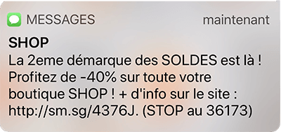 Exemple d'un sms envoyé pendant les soldes d'été qui est l'un des temps forts de cette saison