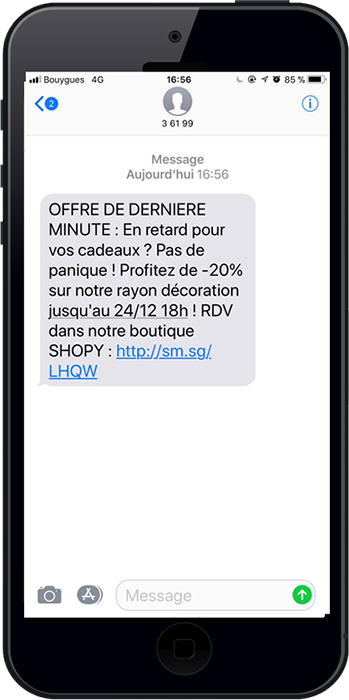 Exemple sms proposant une offre de dernière minute pour noel