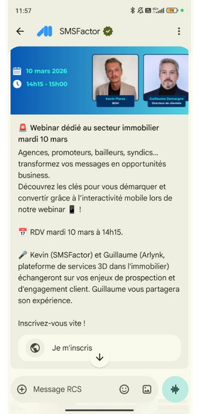 Exemple de RCS envoyé par SMSFactor pour inviter nos clients à notre webinar