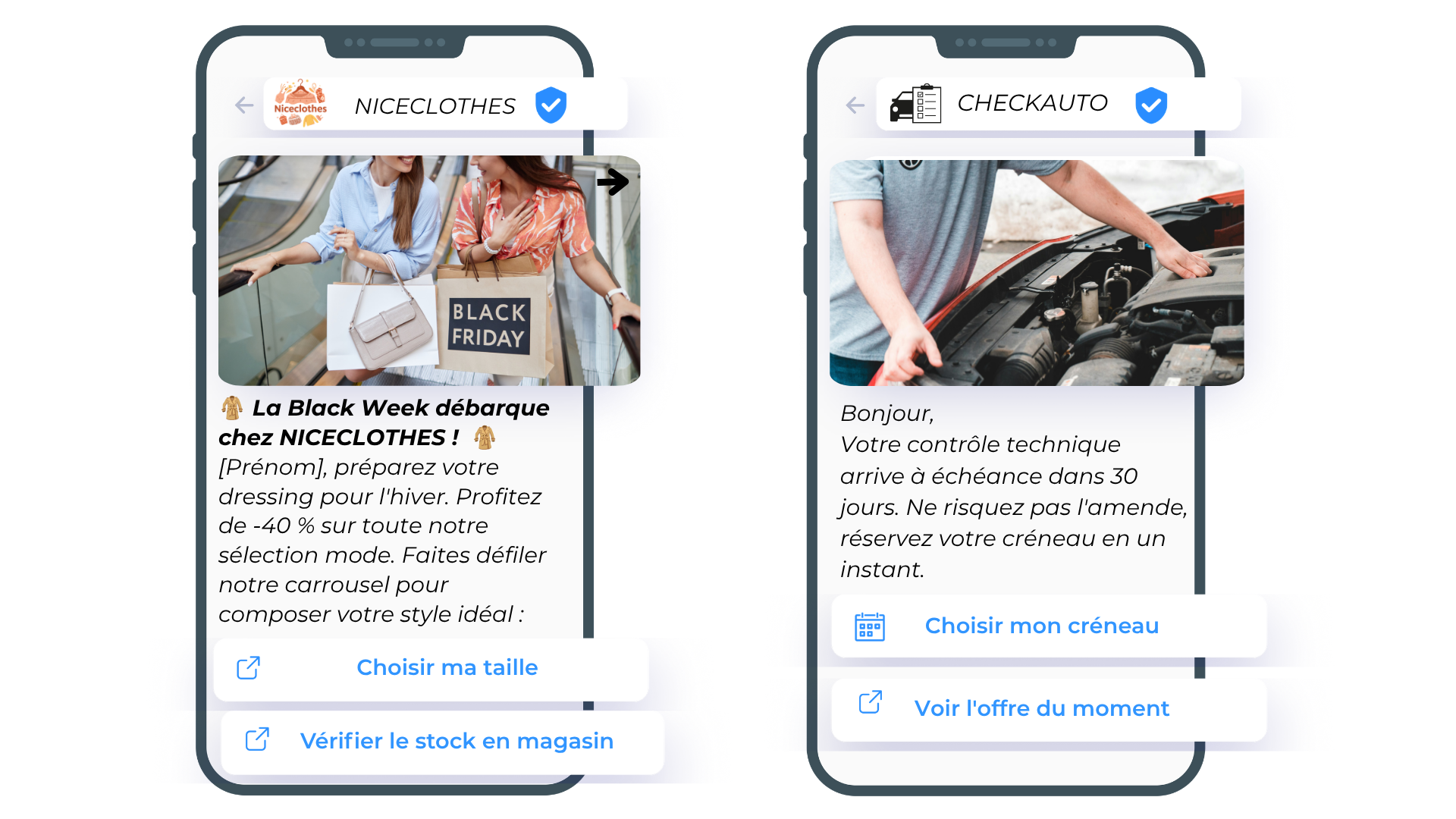 Exemples de RCS envoyés pour le Black Friday et par un garage automobile.